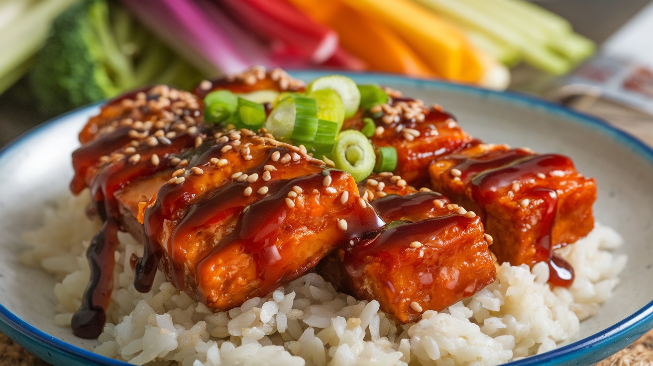 Plate of Vegan Char Siu with soy protein, sesame seeds, and green onions, served over white rice with colorful veggies.