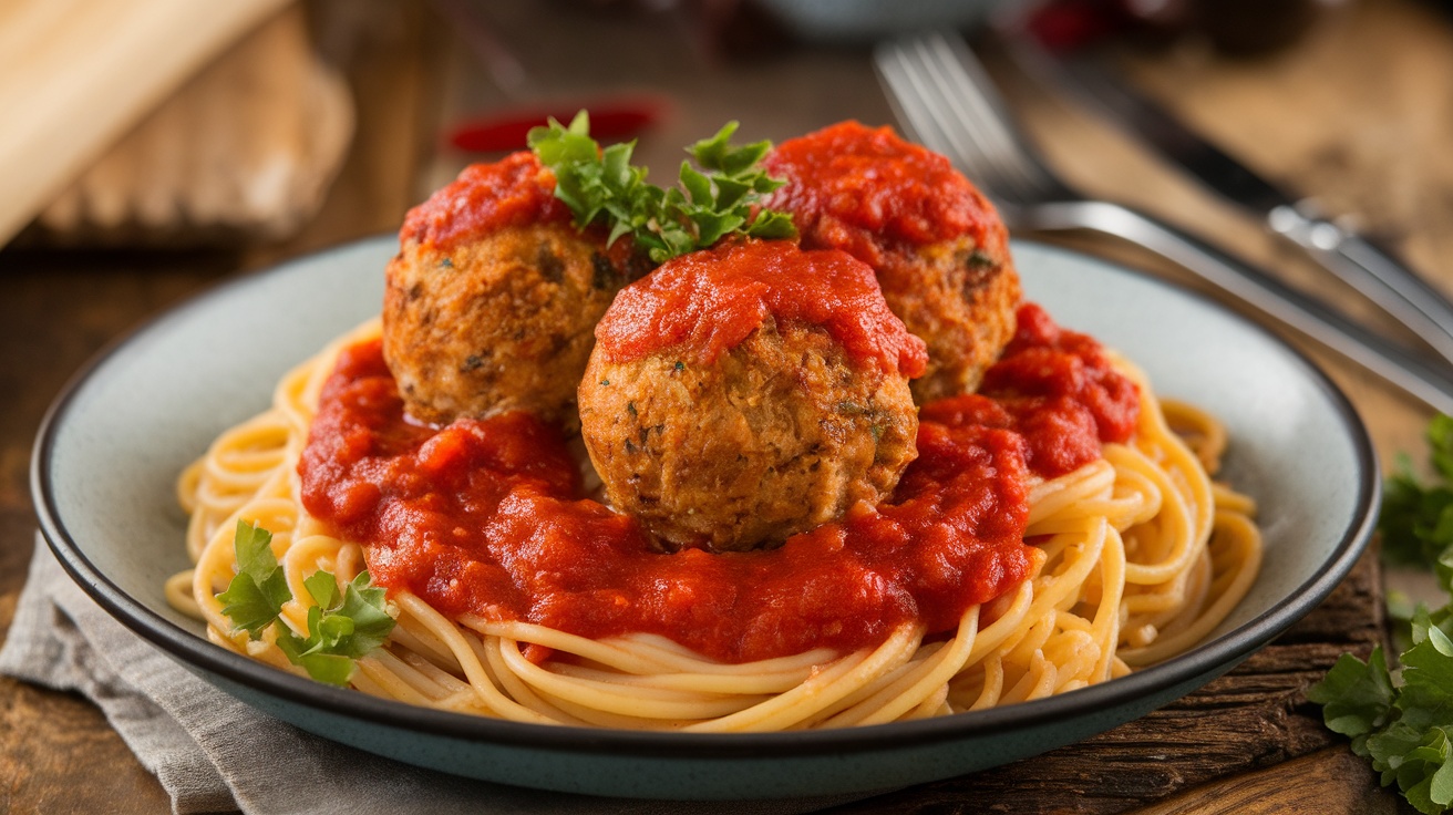 Vegan meatballs on spaghetti with marinara sauce, garnished with parsley on a wooden table.