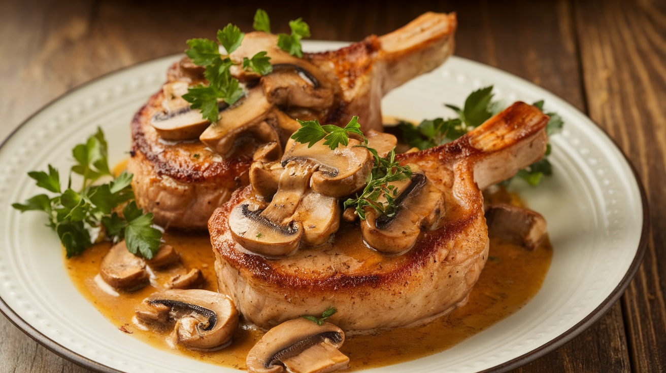 Seared pork chops with mushroom and thyme sauce, garnished with parsley, on a rustic wooden table.