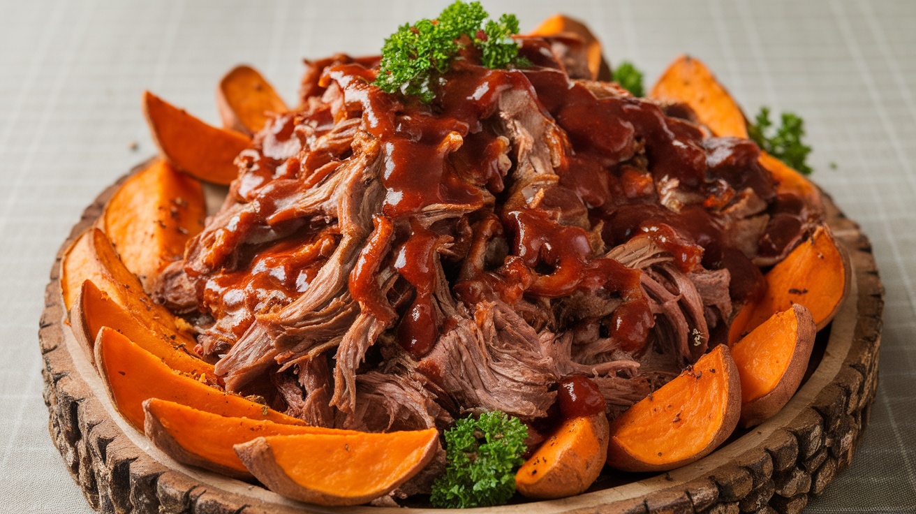 A plate of pulled BBQ beef with crispy sweet potato wedges, garnished with parsley, on a rustic table.