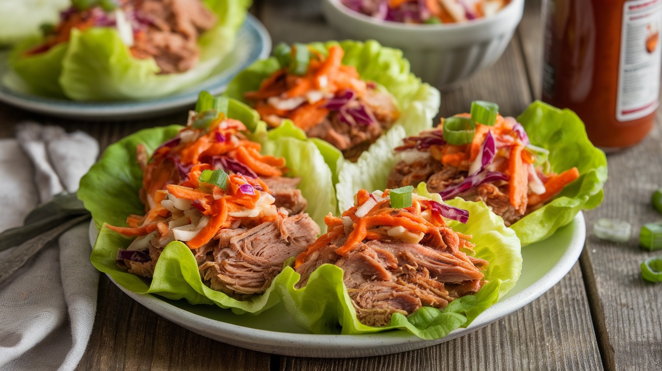 Pulled Pork Lettuce Wraps with Coleslaw on a plate, garnished with green onions, on a rustic table.