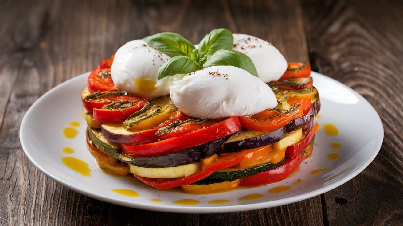 A serving of ratatouille with poached eggs, featuring colorful vegetables and garnished with basil, on a rustic wooden table.