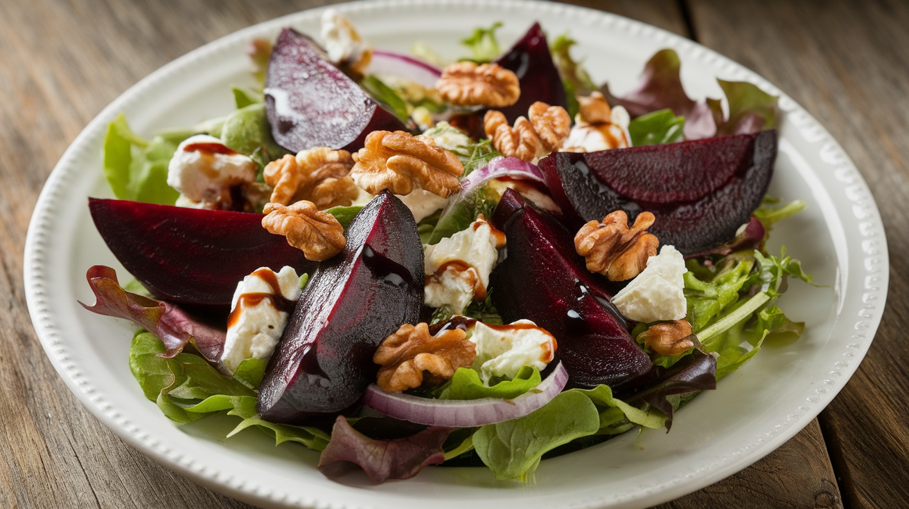 A colorful roasted beet and goat cheese salad with greens, walnuts, and red onion on a white plate.