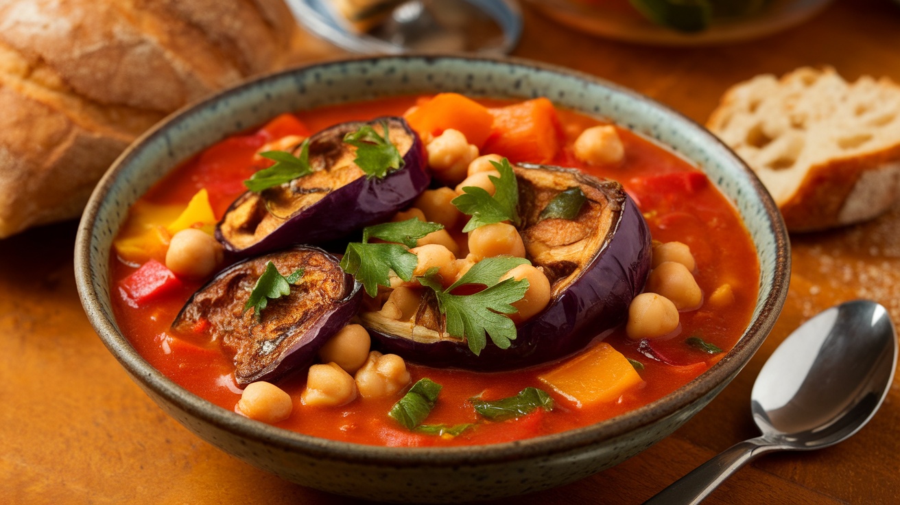 A colorful bowl of roasted eggplant and chickpea stew with tomatoes and parsley, served with bread.