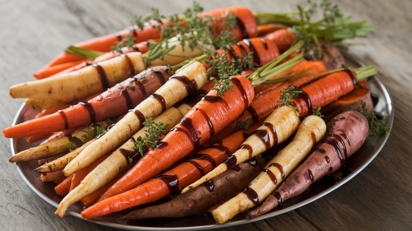 A colorful roasted root vegetable medley with balsamic glaze on a rustic platter.