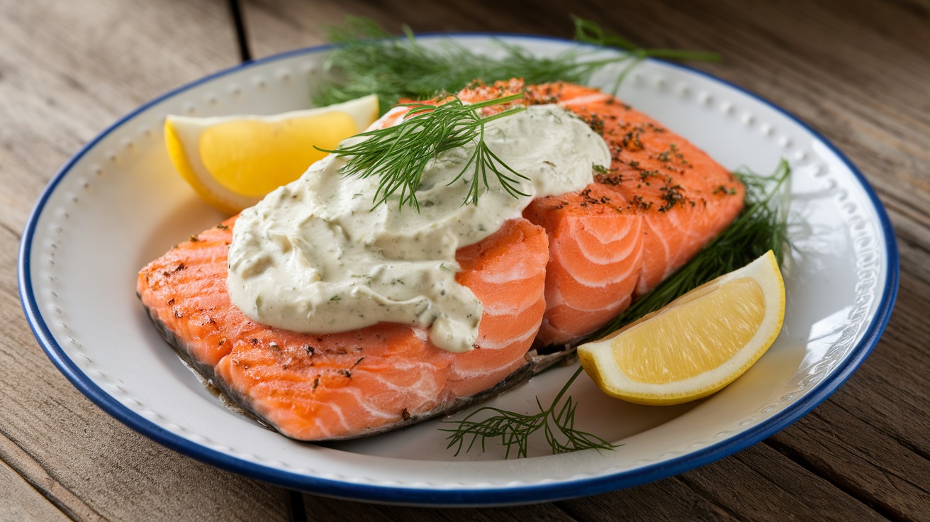 Roasted salmon fillet with horseradish cream and dill on a white plate, garnished with lemon wedges.