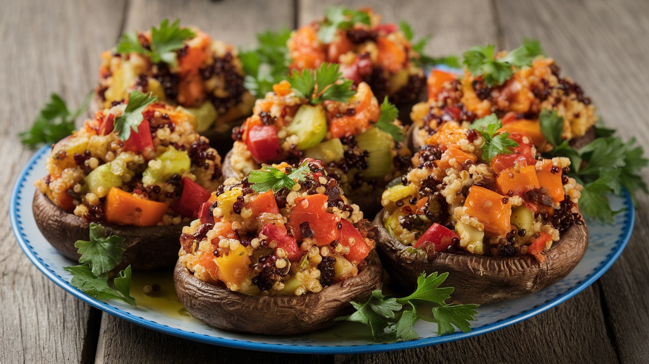 Stuffed portobello mushrooms filled with roasted veggies and quinoa, garnished with parsley on a rustic table.