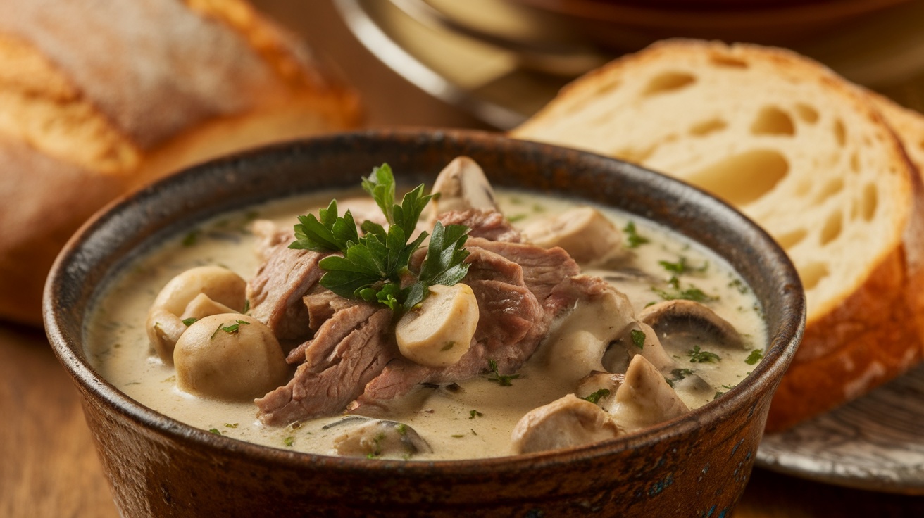 A hearty bowl of rustic beef stroganoff soup with beef, mushrooms, and cream, garnished with parsley and bread on the side.