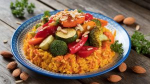 Saffron Rice with Roasted Vegetables and Almonds