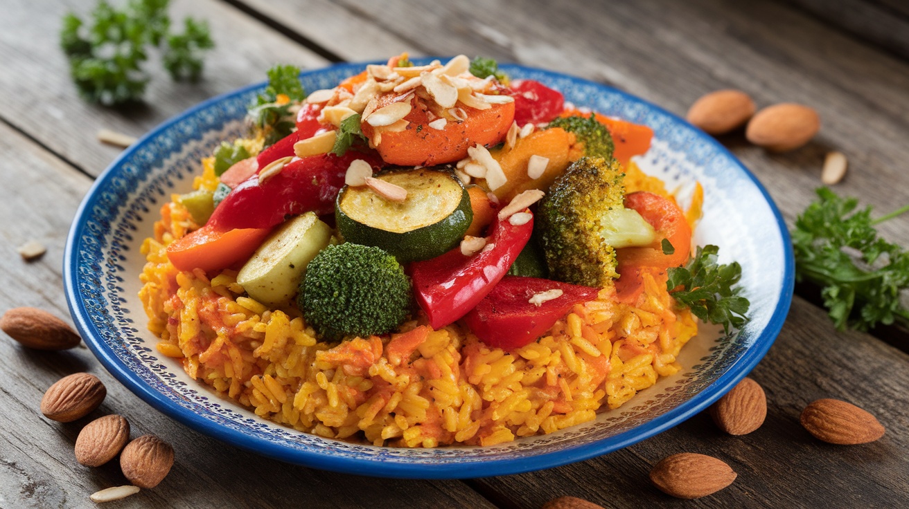 A colorful serving of saffron rice with roasted vegetables and almonds on a rustic wooden table.