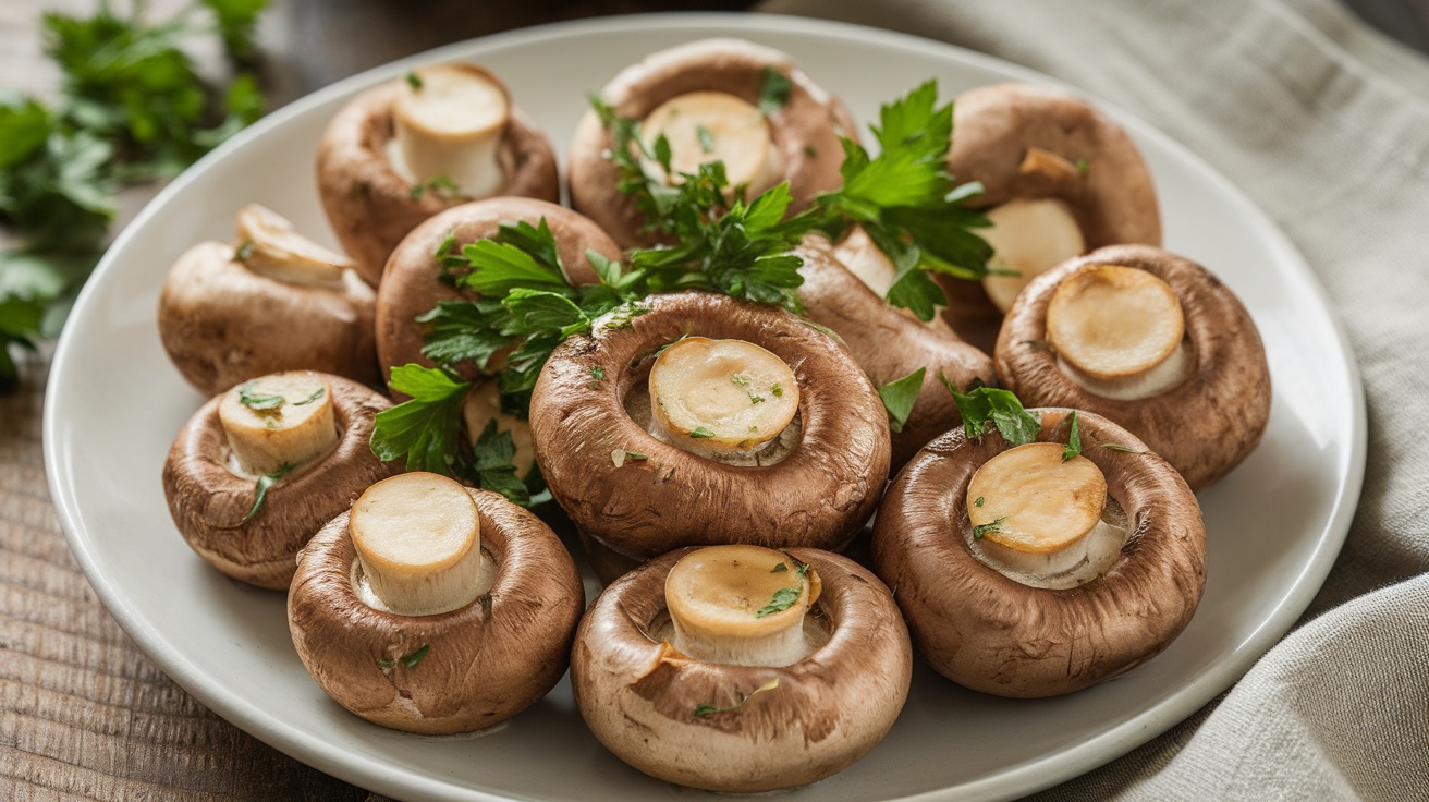 Sautéed vegan garlic butter mushrooms garnished with parsley on a rustic plate.