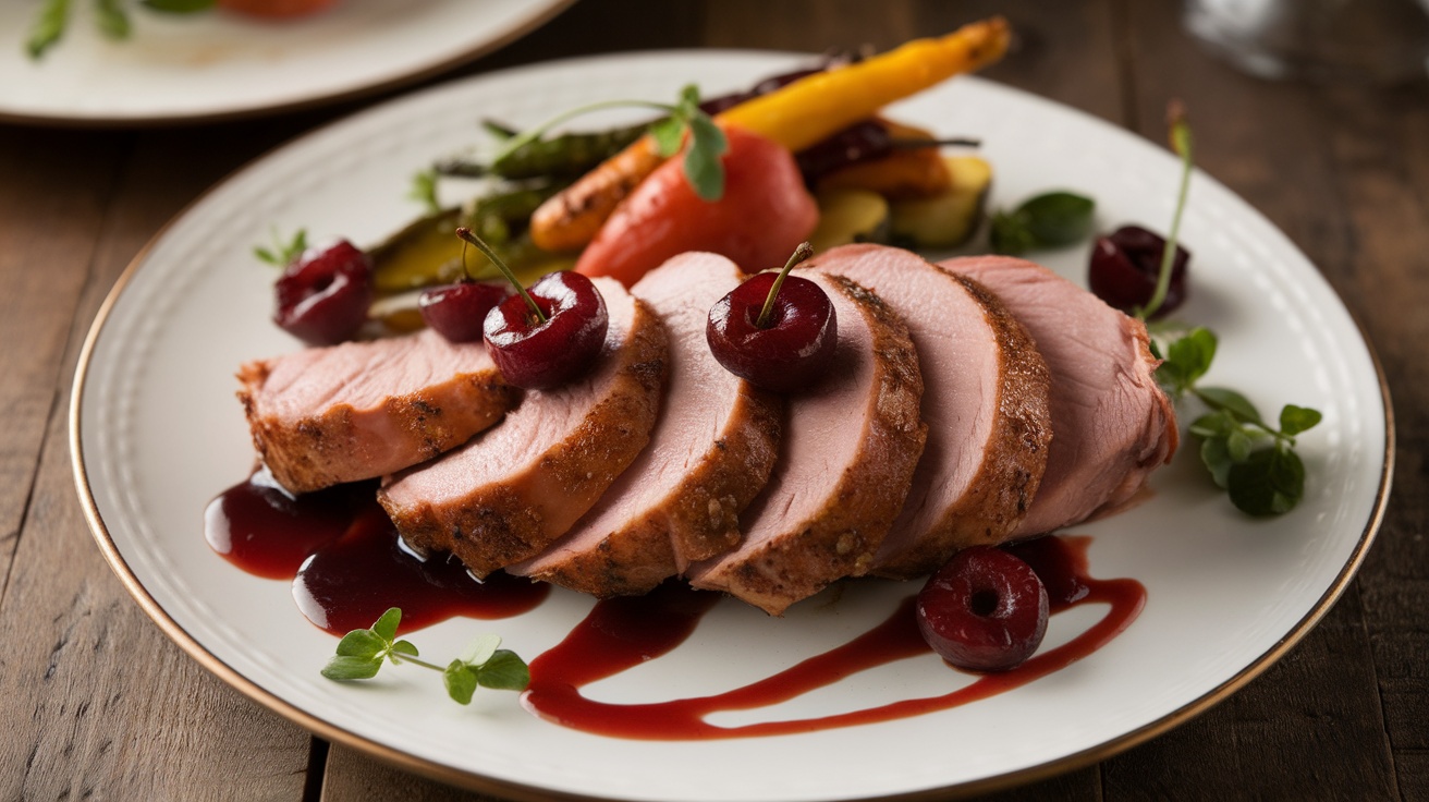 Sliced seared duck breast with cherry reduction sauce, garnished with cherries, on a rustic table.