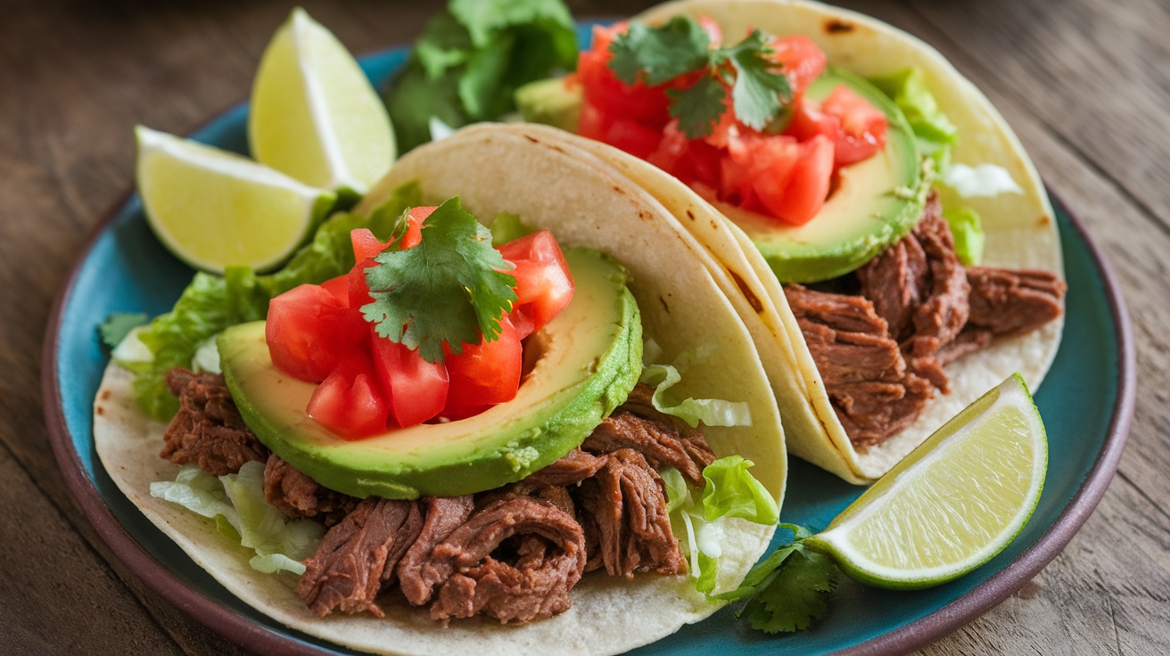 Delicious shredded beef tacos with gluten-free tortillas topped with tomatoes, lettuce, avocado, and cilantro, served with lime.