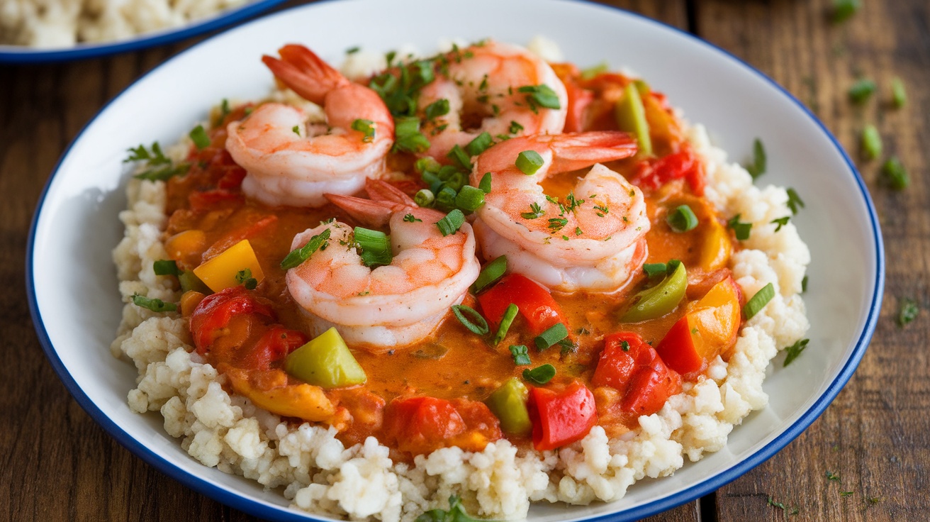 A serving of Shrimp Étouffée on cauliflower rice, garnished with green onions and parsley, showcasing a colorful and flavorful dish.