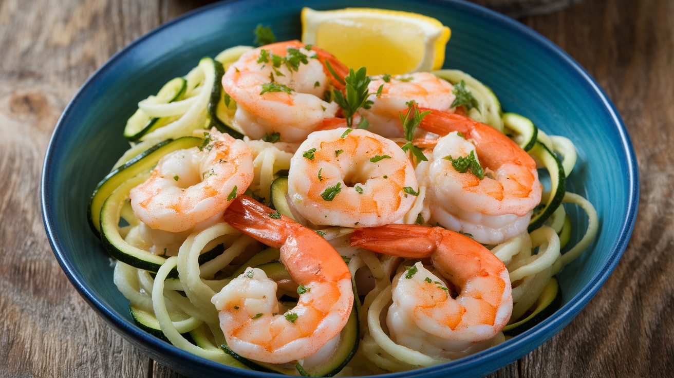 Garlic Butter Shrimp Scampi with Zucchini Noodles garnished with parsley and served with a lemon wedge.