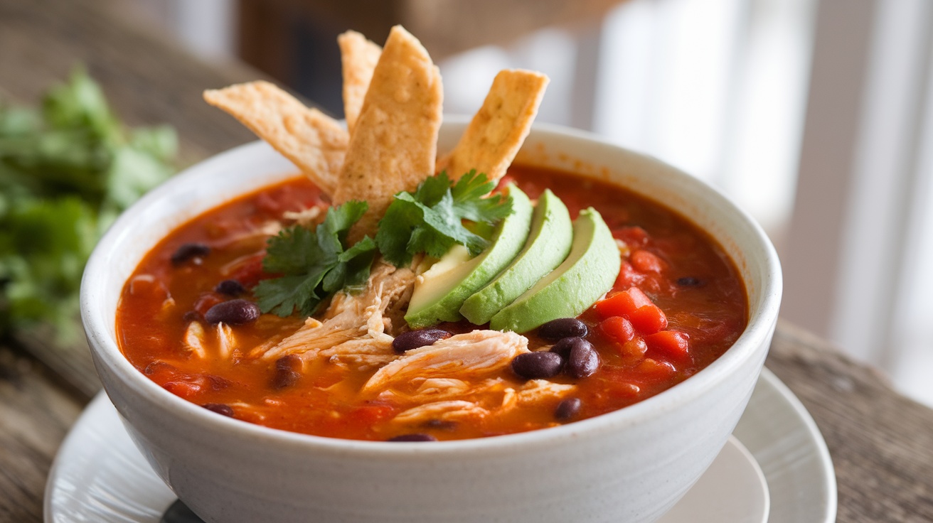 A bowl of chicken tortilla soup with tomatoes, black beans, avocado and gluten-free tortilla strips, set in a warm kitchen.