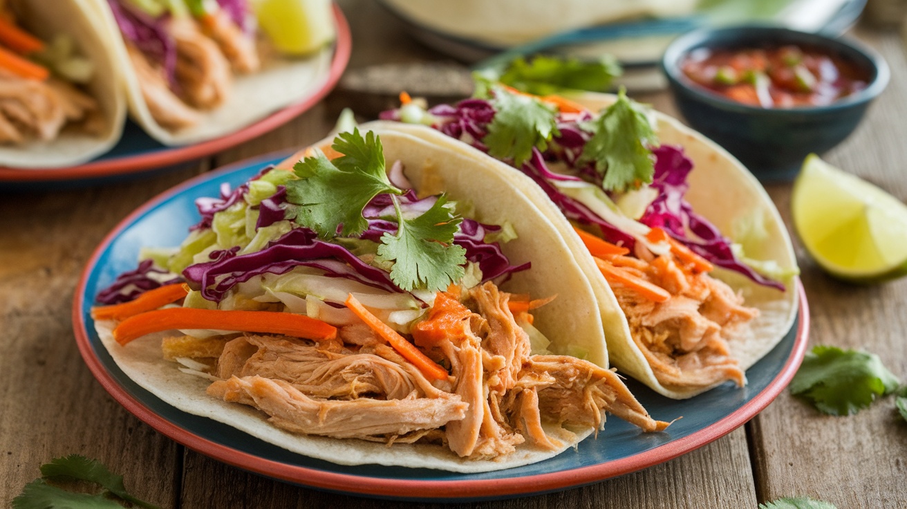 Pulled chicken tacos with cabbage slaw on gluten-free tortillas, garnished with cilantro, served on a rustic table with salsa.