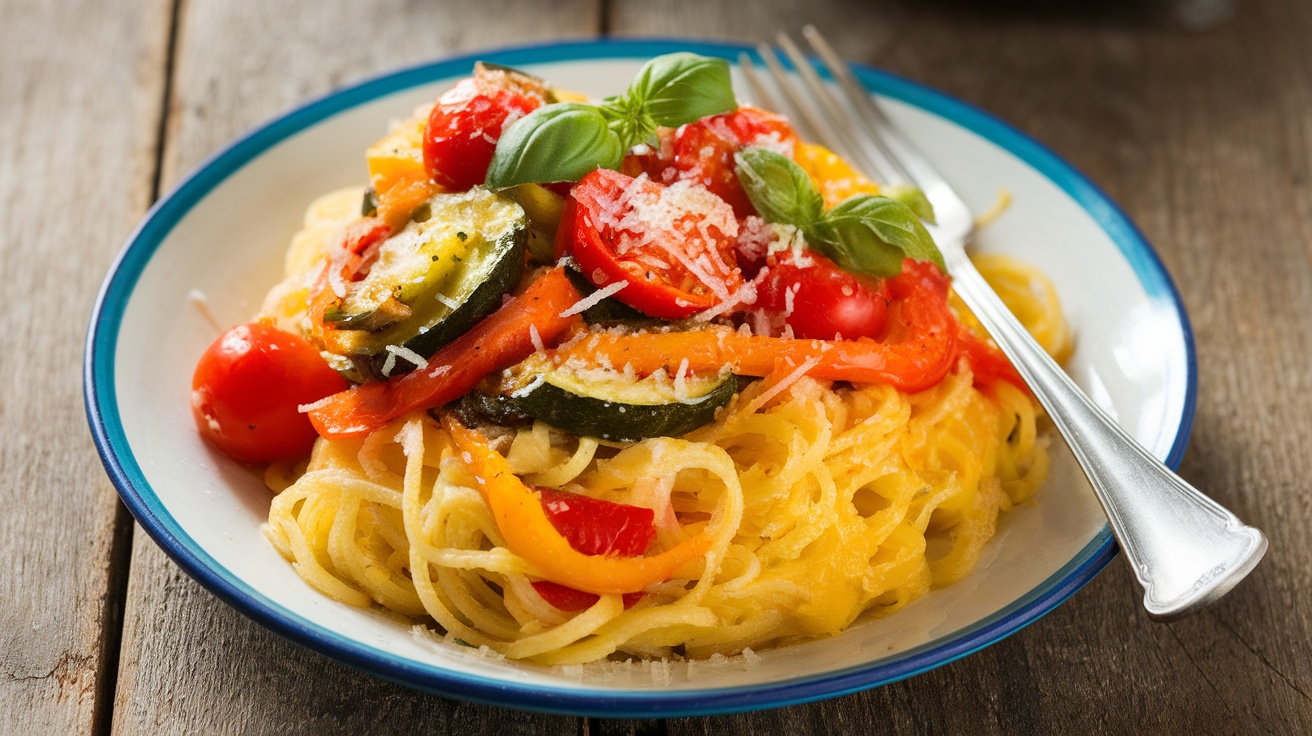 A plate of spaghetti squash primavera with bell peppers, zucchini, and cherry tomatoes, garnished with basil and Parmesan cheese.