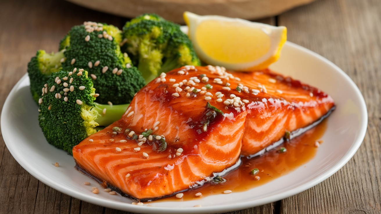 Gluten-free teriyaki salmon with sesame broccoli, garnished with lemon, on a rustic table.