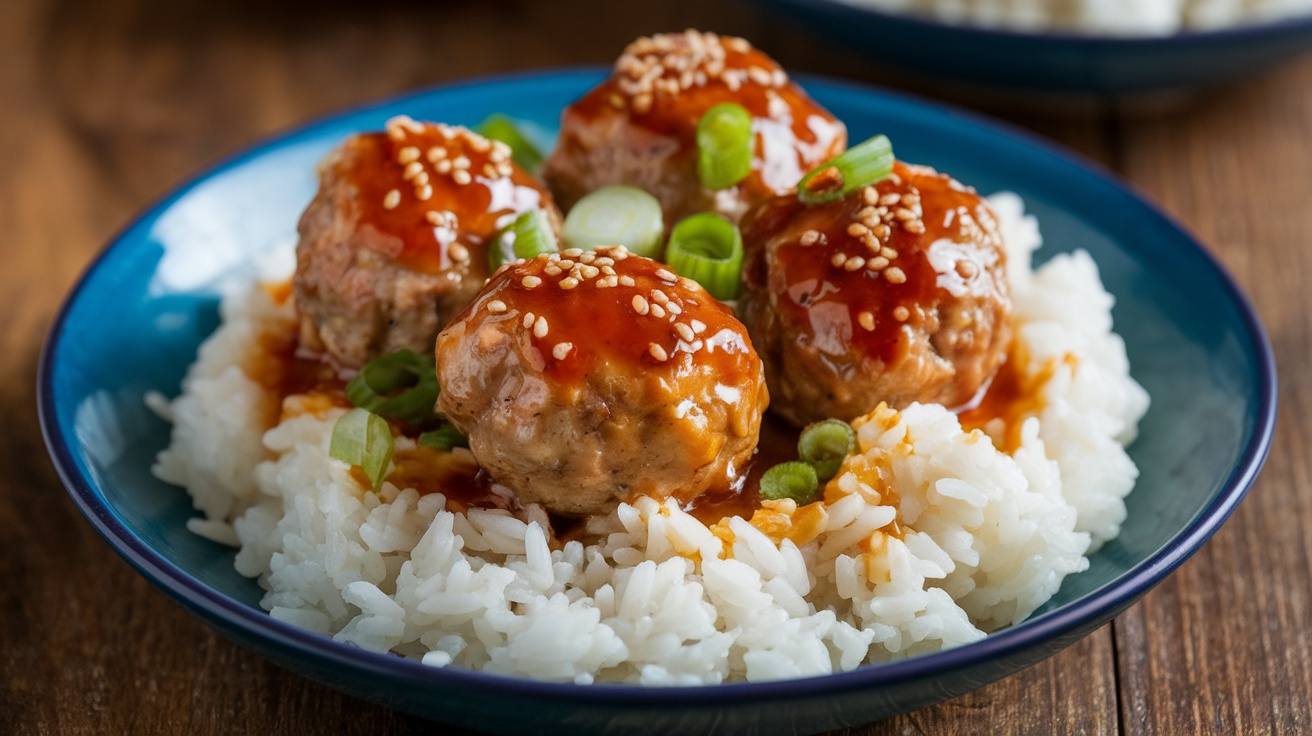 Teriyaki turkey meatballs on rice, garnished with sesame seeds and green onions on a rustic table.