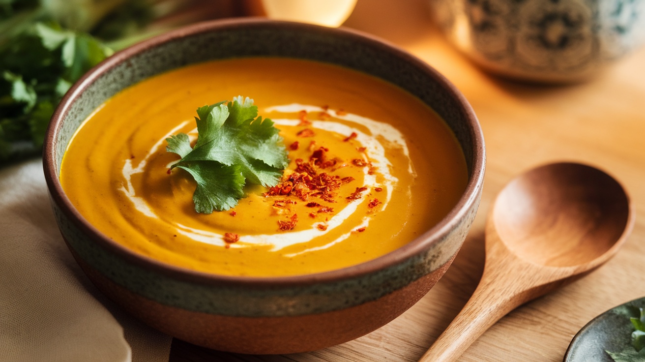 Bowl of Thai Curry Pumpkin Soup garnished with cilantro and chili flakes, set in a rustic kitchen.