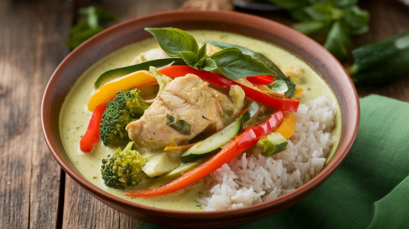 A bowl of Thai Green Curry with chicken and vegetables, garnished with basil leaves, served with jasmine rice on a rustic wooden table.