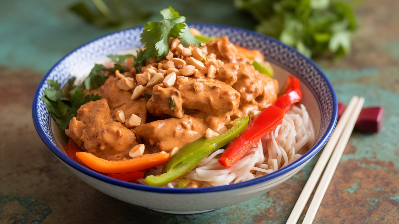 Thai Peanut Chicken with Rice Noodles garnished with peanuts and cilantro in a stylish bowl.