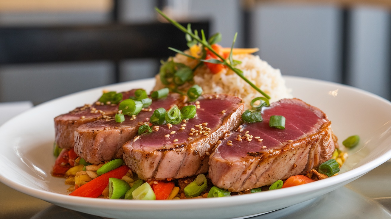 Pan-seared tuna steaks with ginger soy glaze, garnished with green onions and sesame seeds, served with rice and vegetables.