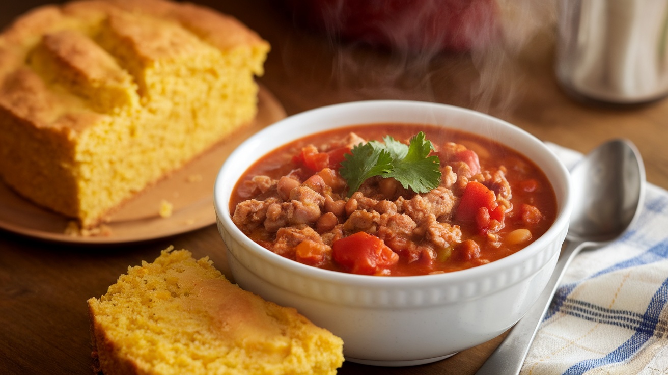 A bowl of turkey chili with beans and tomatoes, alongside a slice of gluten-free cornbread on a rustic wooden table.