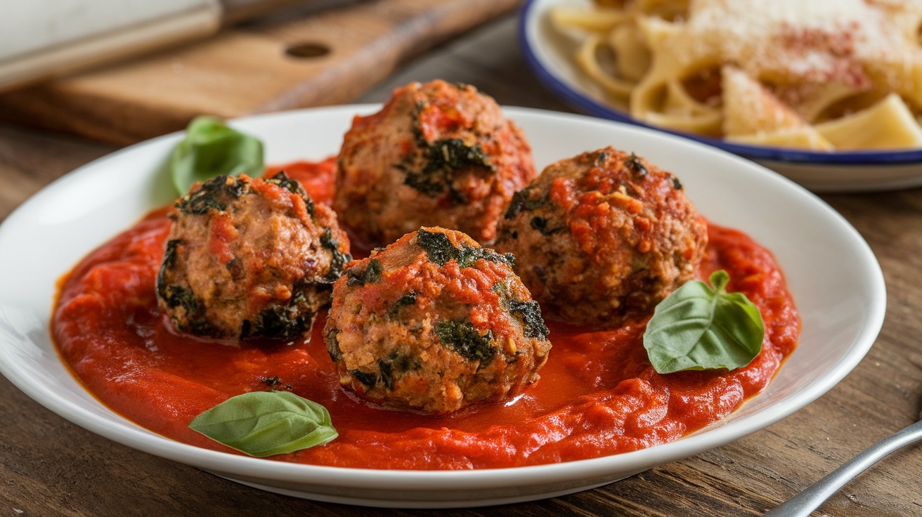 Turkey and kale meatballs in tomato sauce, served with pasta and garnished with basil.