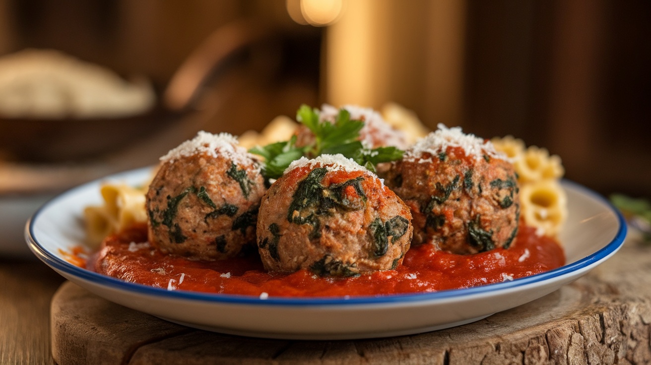 Savory turkey and spinach meatballs in marinara sauce, garnished with parsley and Parmesan, served with gluten-free pasta.