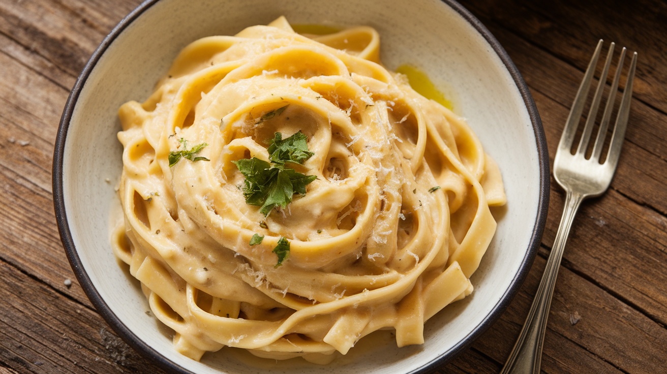 Creamy Vegan Alfredo Pasta with cashew sauce and parsley garnish, served in a bowl on a rustic table.