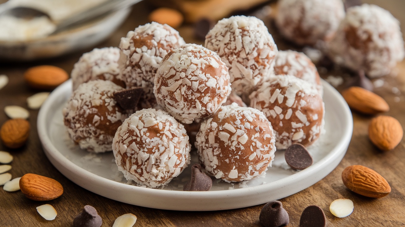 Vegan almond joy energy bites on a plate, garnished with shredded coconut and almonds.