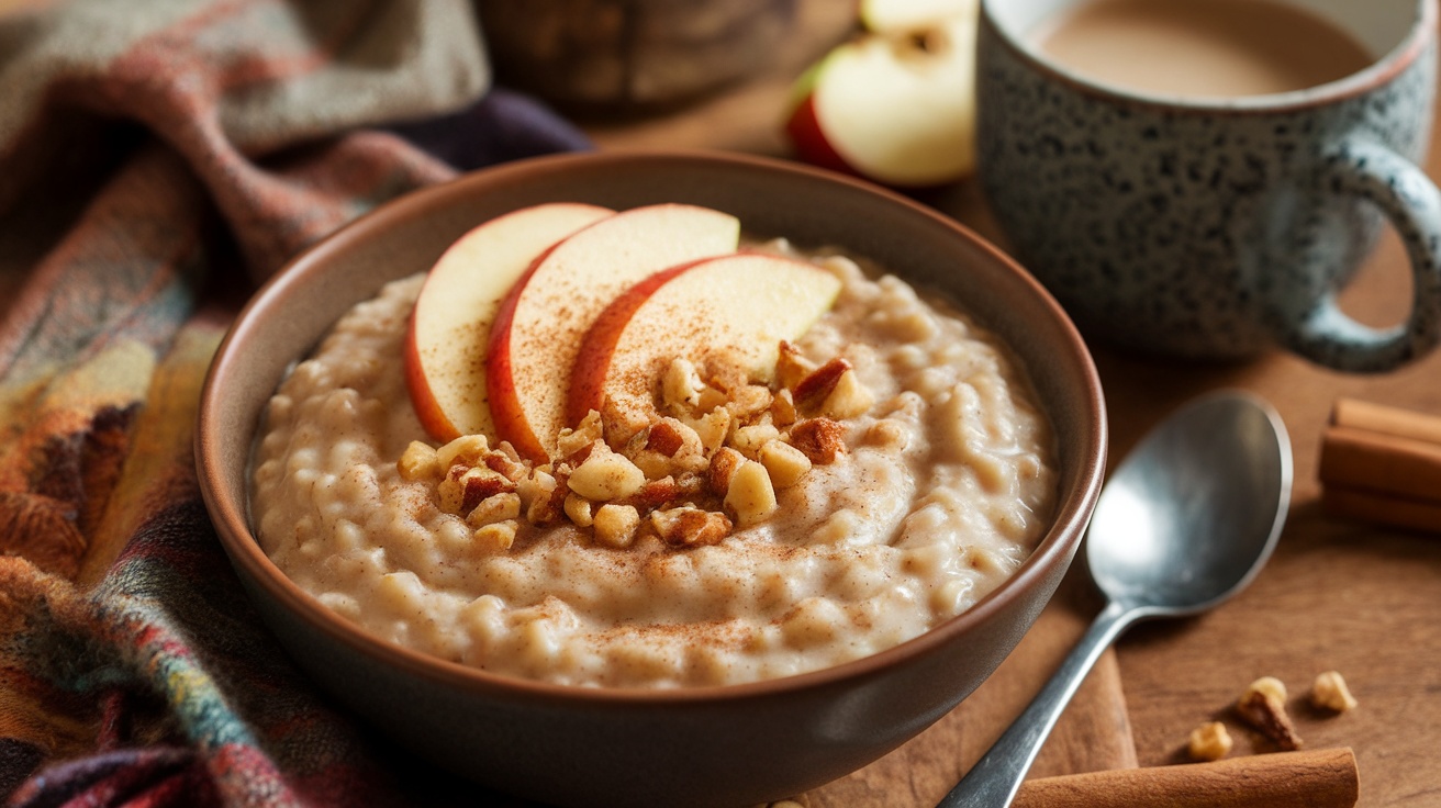 A bowl of vegan apple cinnamon oatmeal topped with apple slices and nuts, on a rustic table.