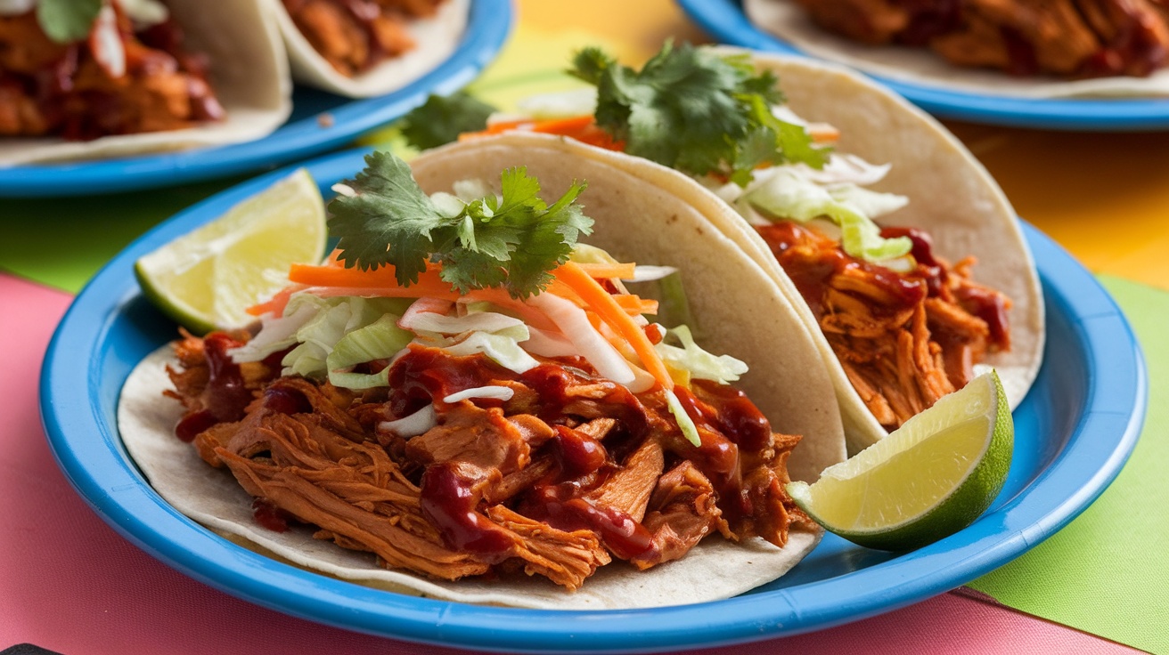 Plate of Vegan BBQ Jackfruit Tacos topped with slaw and cilantro, served with lime wedges.