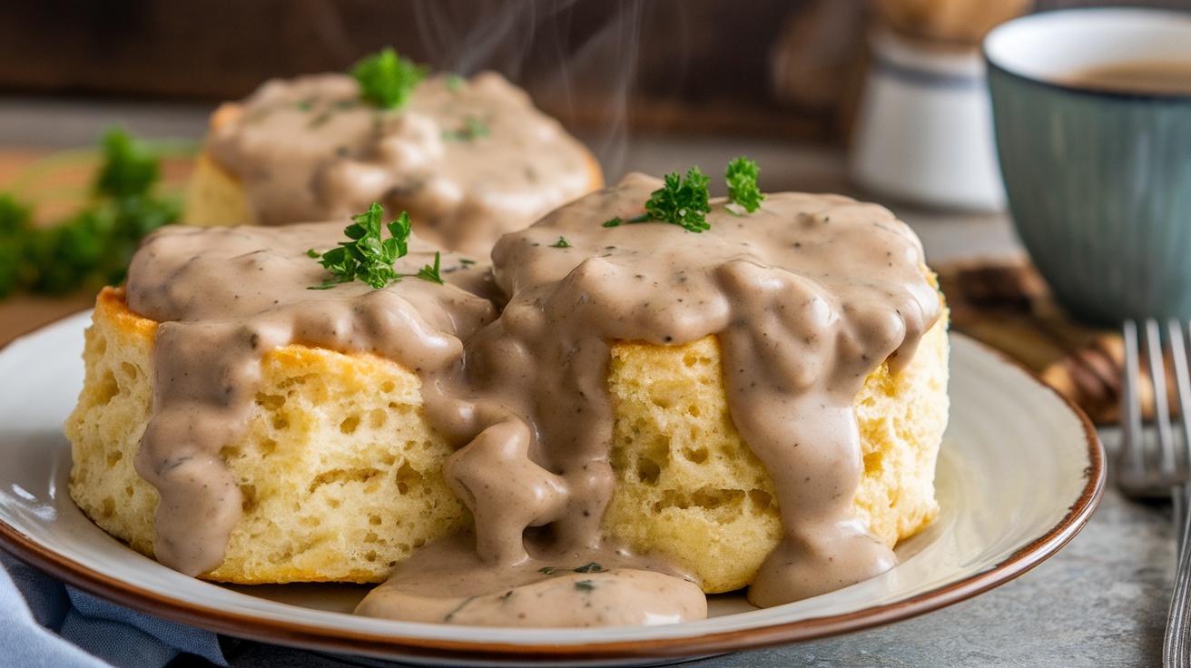 Fluffy vegan biscuits with creamy gravy on a rustic plate, garnished with parsley.