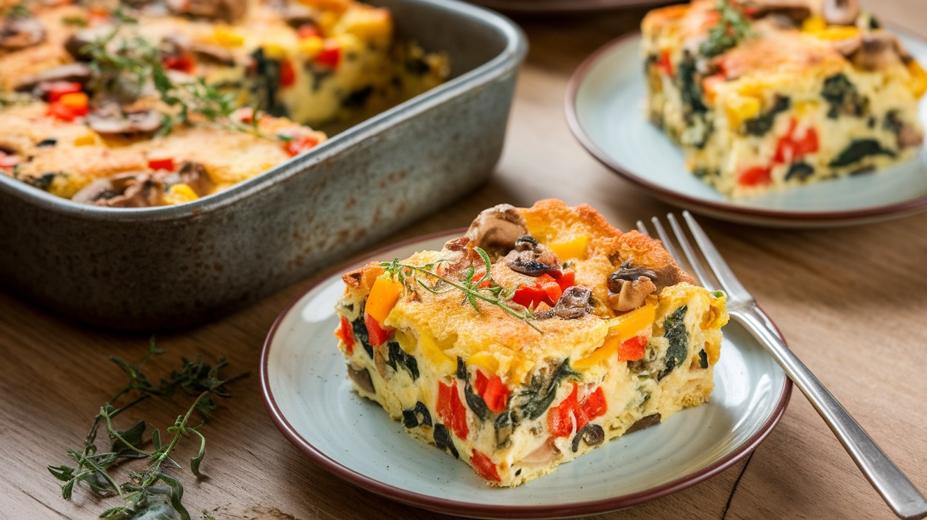 A baked vegan breakfast casserole with colorful vegetables in a rustic dish on a wooden table, garnished with fresh herbs.