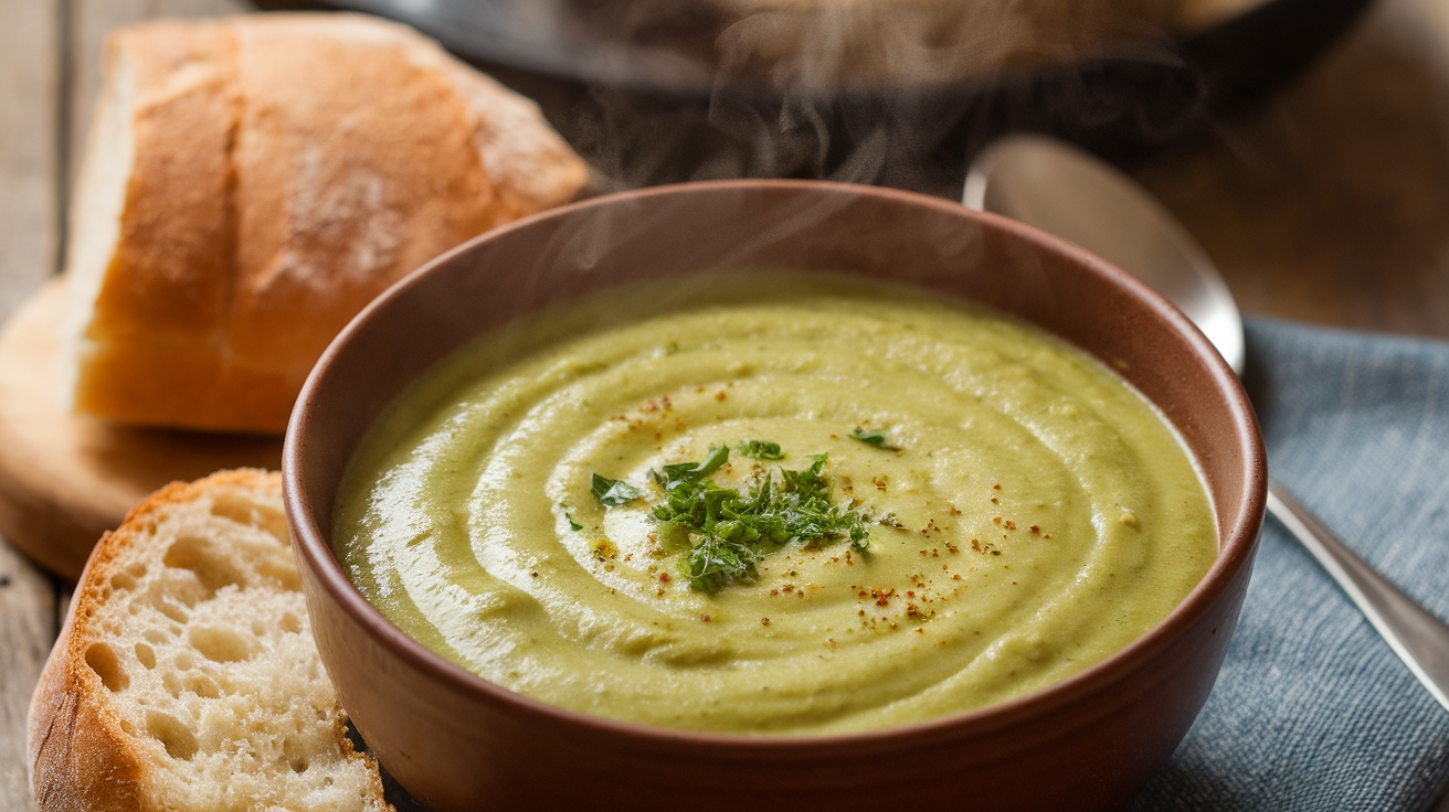 A bowl of creamy vegan broccoli cheddar soup with parsley, accompanied by crusty bread on a wooden table.