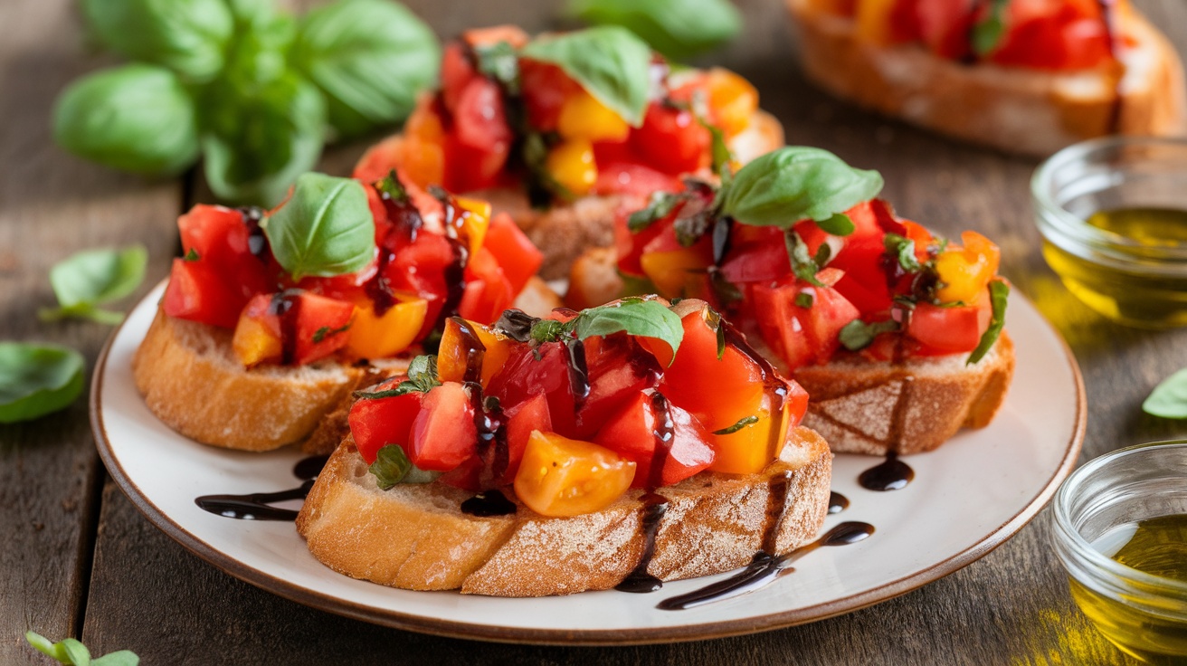 Vegan bruschetta on toasted bread topped with diced tomatoes and basil on a rustic wooden table.