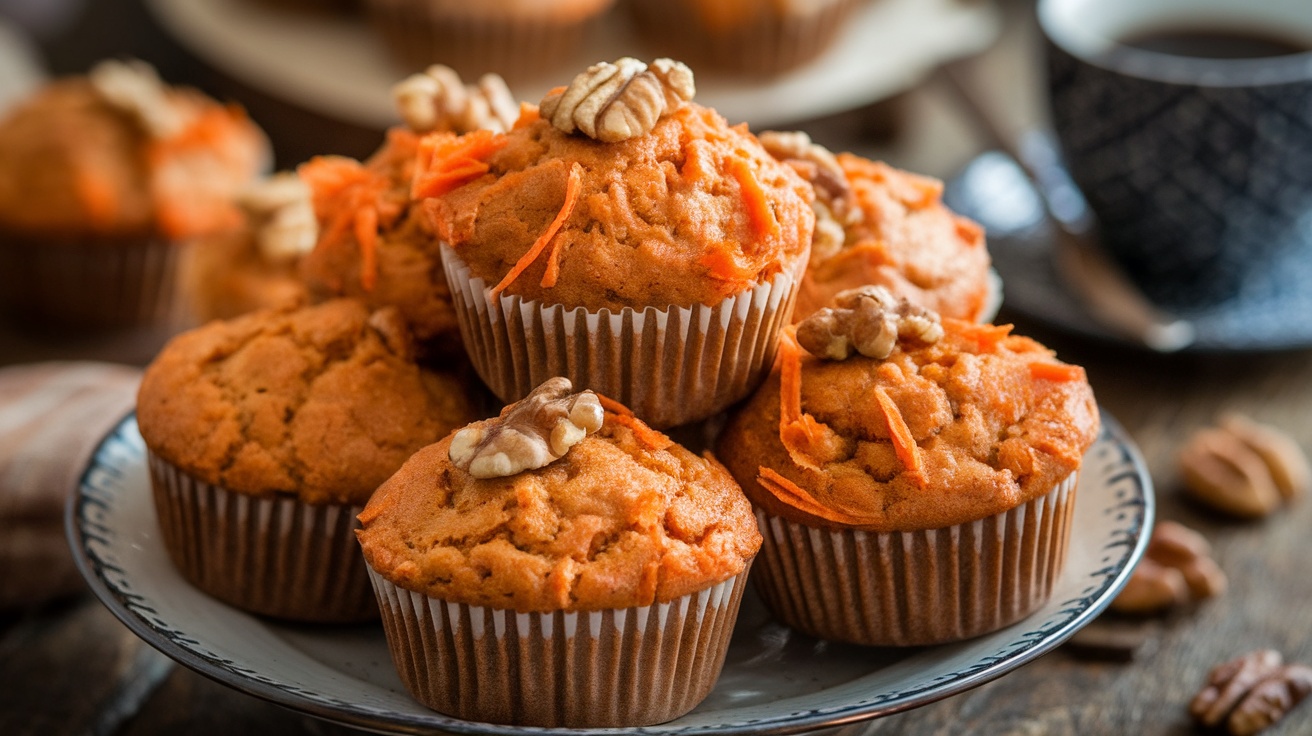 Freshly baked vegan carrot cake muffins on a plate, garnished with walnuts and cinnamon, with a cup of coffee in the background.