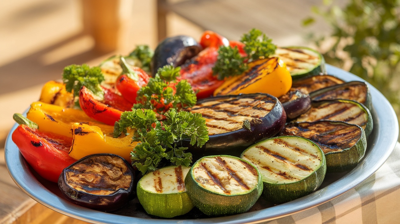 A colorful assortment of grilled zucchini, bell peppers, and eggplant on a platter, garnished with parsley.