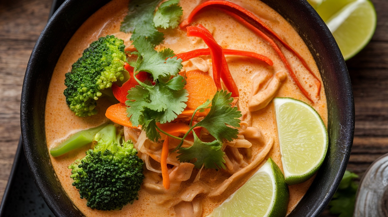 A colorful bowl of vegan coconut curry ramen with vegetables, garnished with cilantro and lime, on a wooden table.