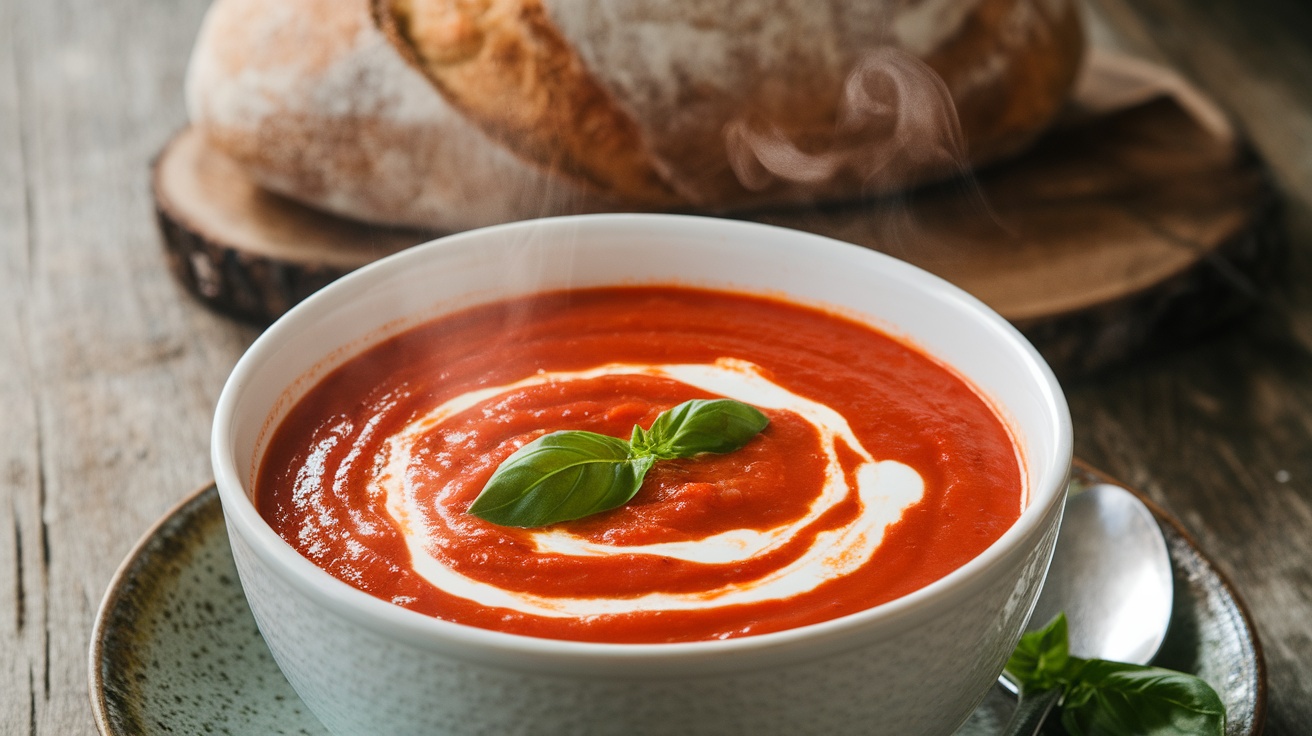 A bowl of vegan creamy tomato basil soup garnished with basil leaves, with crusty bread on the side.