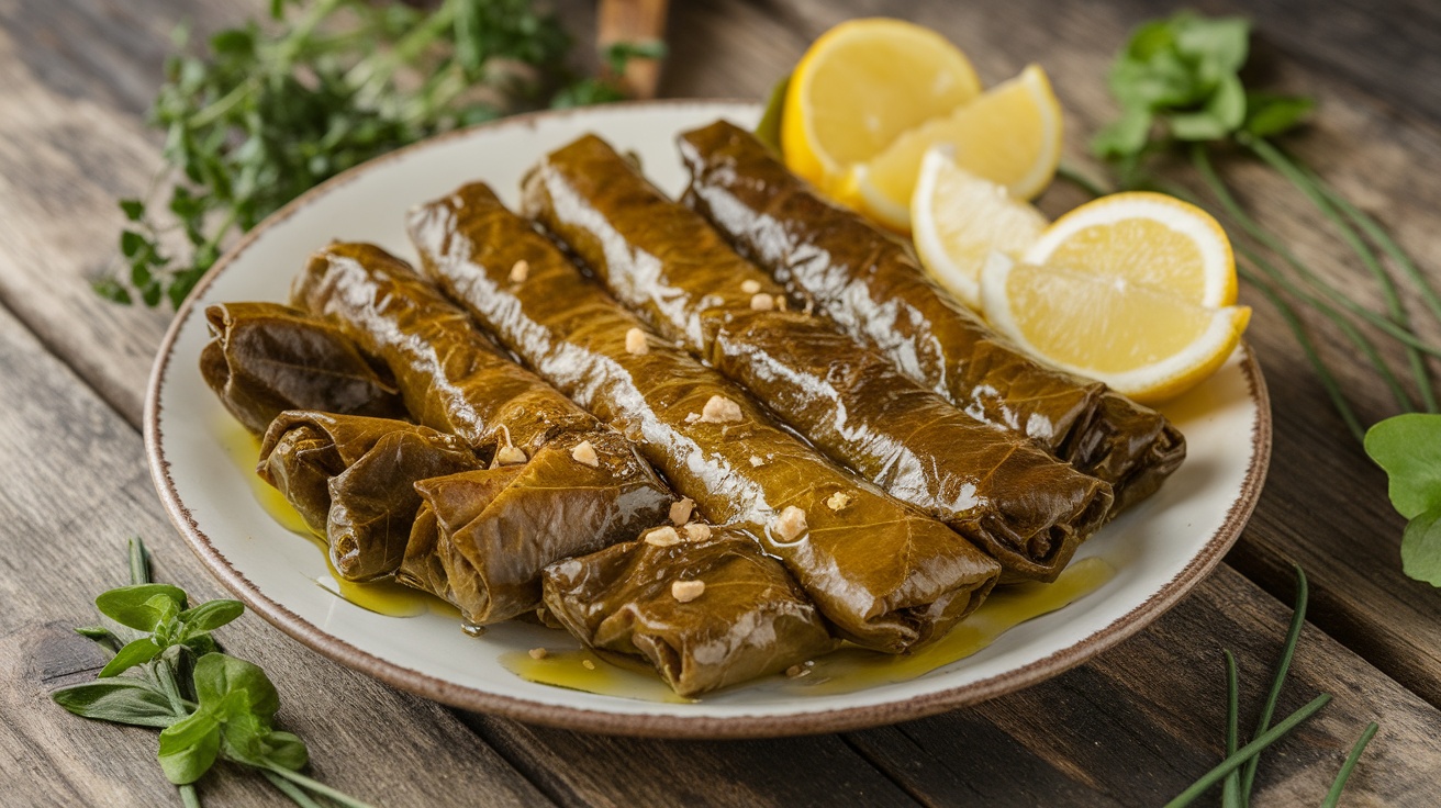 A plate of vegan dolmas (stuffed grape leaves) garnished with lemon slices on a rustic wooden table.