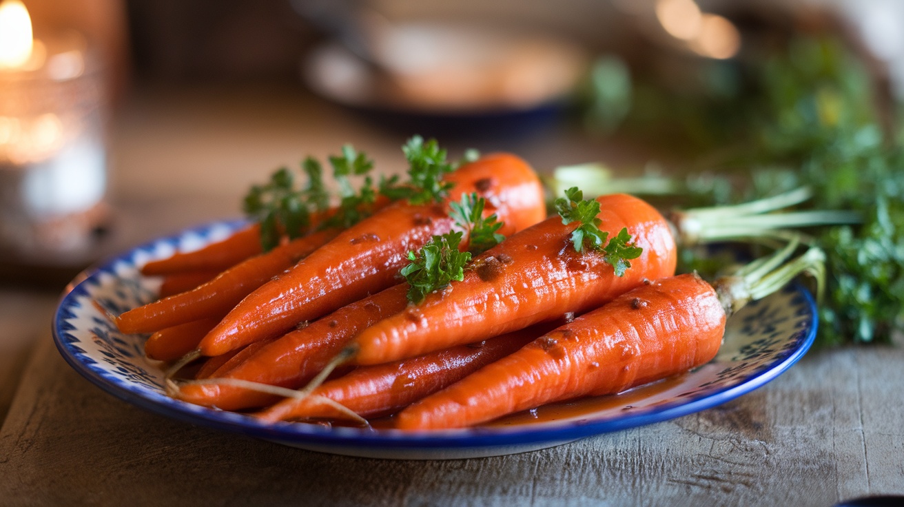 Vegan glazed carrots garnished with parsley on a rustic plate.