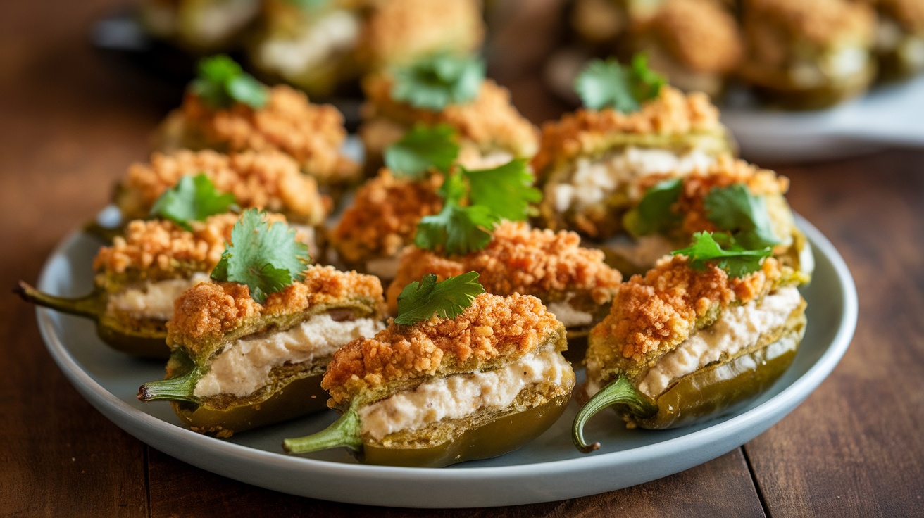 A colorful plate of baked Vegan Jalapeño Poppers stuffed with creamy cashew filling and garnished with cilantro.