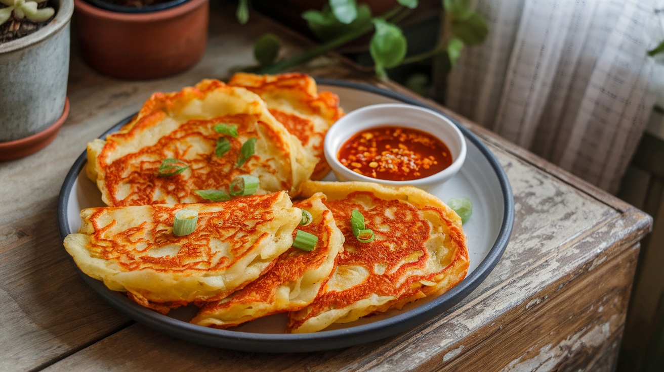 A stack of crispy vegan kimchi pancakes garnished with green onions, served with dipping sauce on a rustic table.