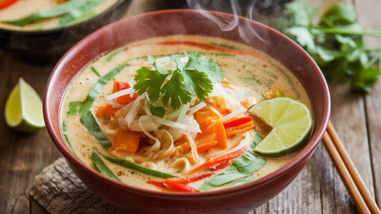 A bowl of Vegan Laksa with coconut broth, rice noodles, vegetables, garnished with cilantro and lime.