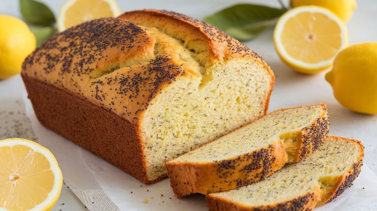 Sliced vegan lemon poppy seed bread on a wooden board, highlighting its moist texture and lemon zest, surrounded by fresh lemons.