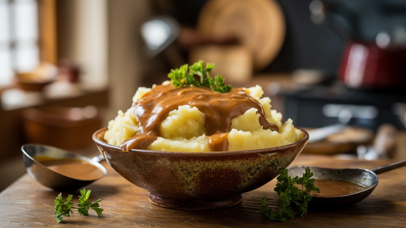 A bowl of vegan mashed potatoes topped with gravy, garnished with parsley on a wooden table.